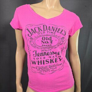 Y2K Pink Jack Daniels Fitted V neck T Shirt Size M Cap Sleeve 2000s